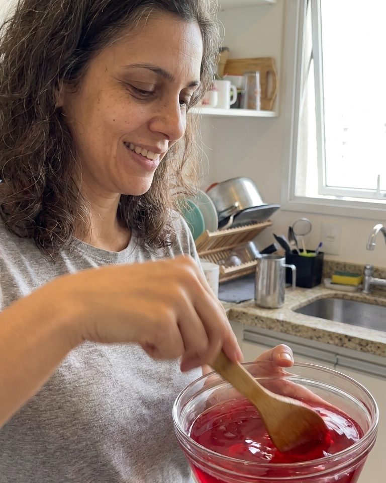 Clara preparando o Método Gel-Firme 21 na cozinha de casa